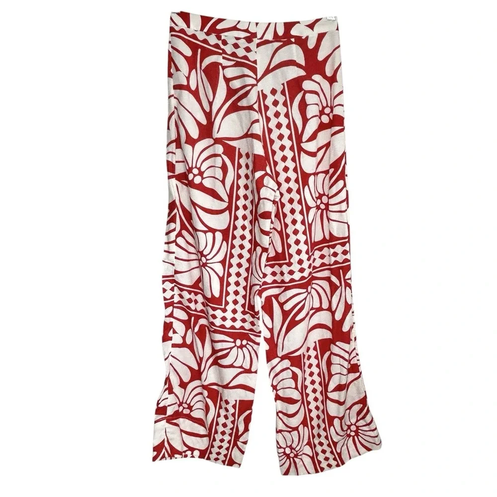 H&M Tropical Wide Leg Pants Sz‎ 4 Boho Retro Floral Linen Blend Resort Vacation